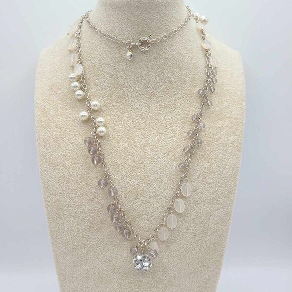 J Crew Silver Tone Faux Pearl Crystal Beads Ball Long Necklace - Picture 6 of 10